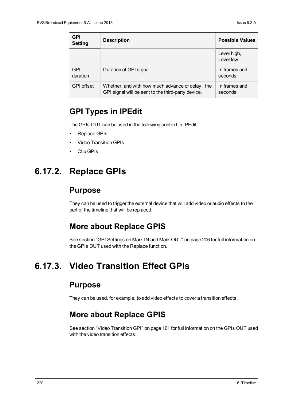 Replace gpis, Video transition effect gpis, Gpi types in ipedit | Purpose, More about replace gpis | EVS IPDirector Version 6.2 - June 2013 IPEDIT User Manual User Manual | Page 232 / 264