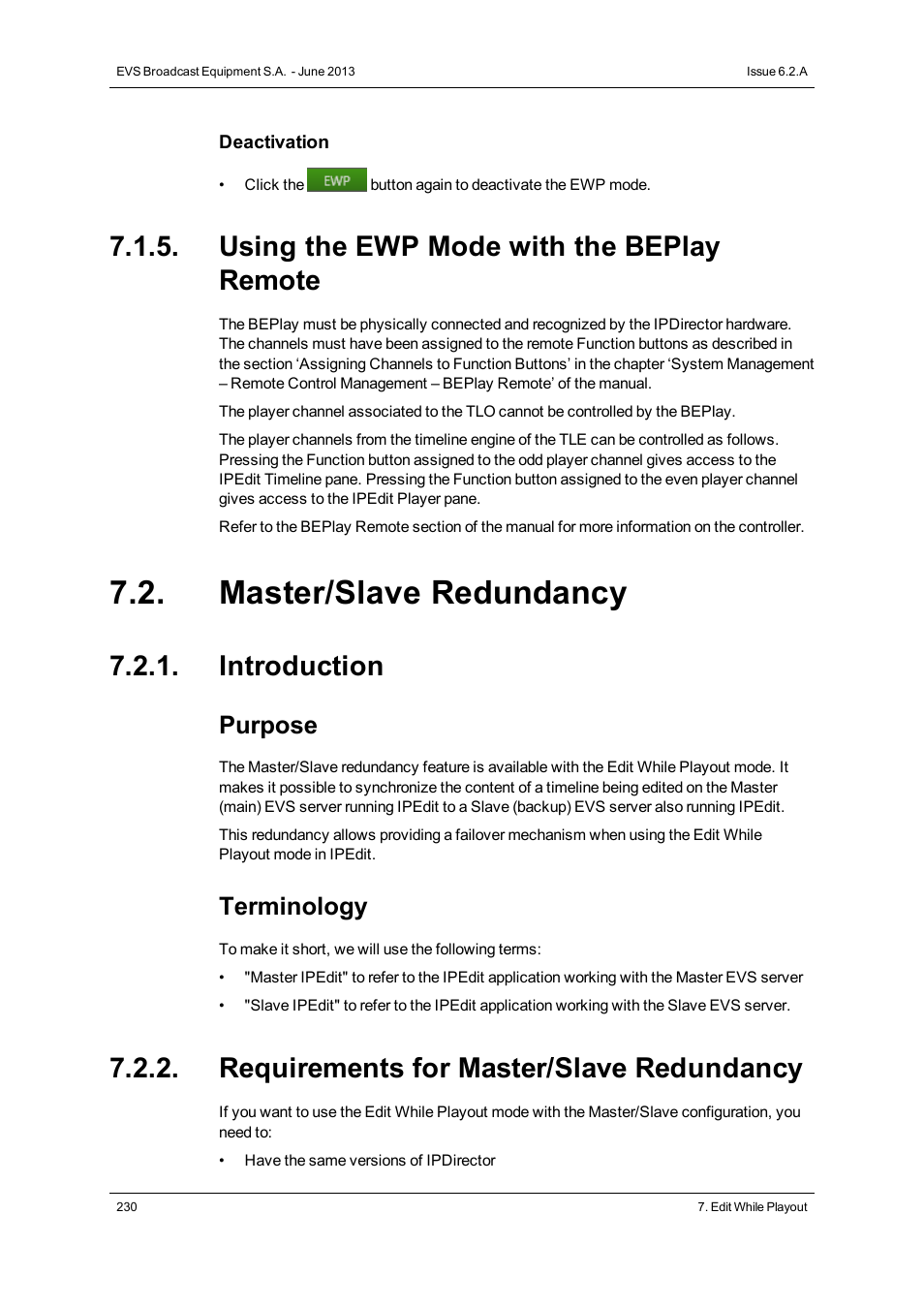 Using the ewp mode with the beplay remote, Master/slave redundancy, Introduction | Requirements for master/slave redundancy, Purpose, Terminology | EVS IPDirector Version 6.2 - June 2013 IPEDIT User Manual User Manual | Page 242 / 264