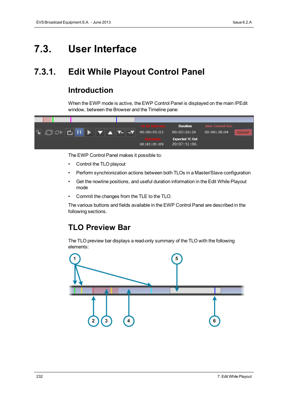 User interface, Edit while playout control panel, Introduction | Tlo preview bar | EVS IPDirector Version 6.2 - June 2013 IPEDIT User Manual User Manual | Page 244 / 264