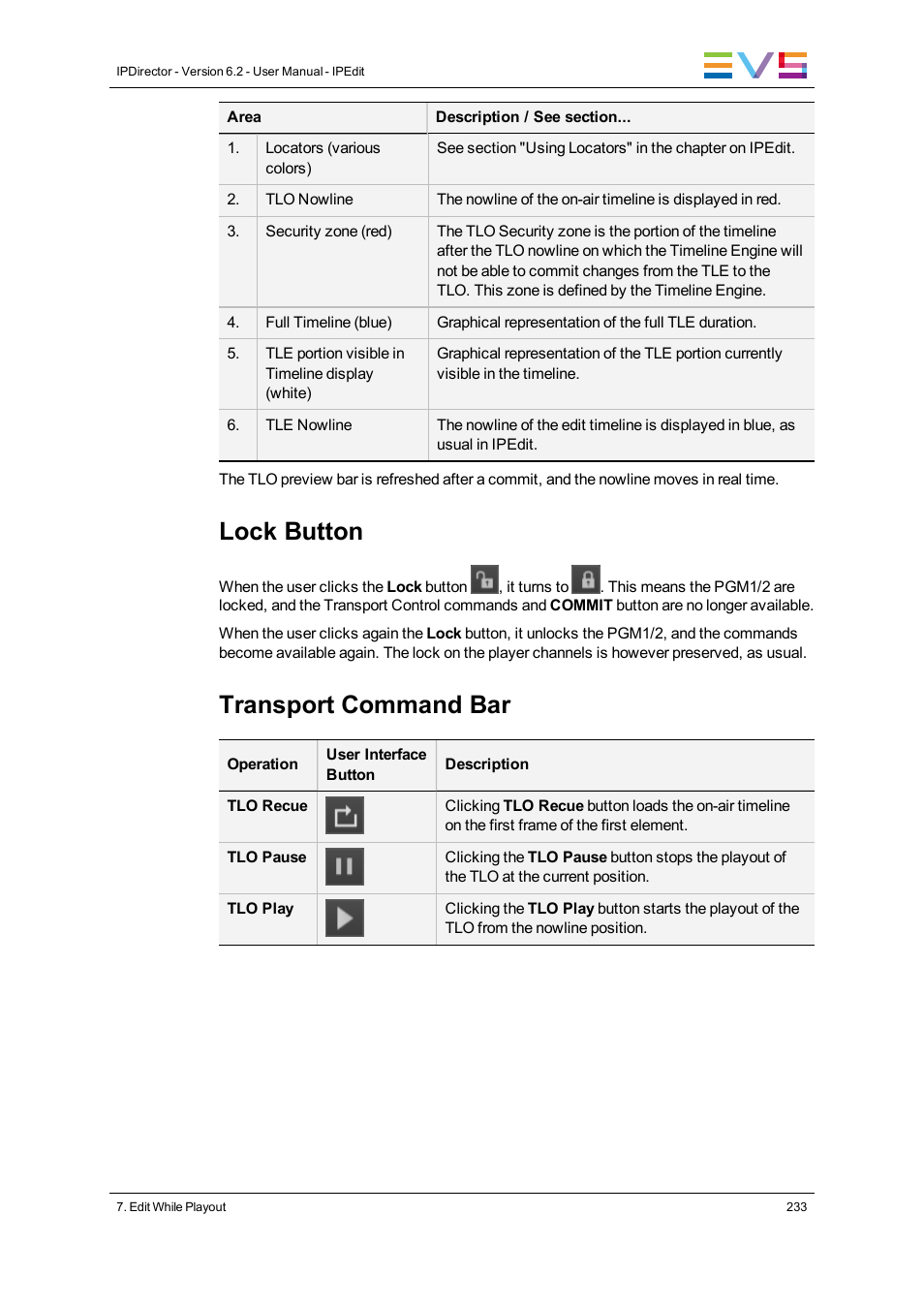 Lock button, Transport command bar | EVS IPDirector Version 6.2 - June 2013 IPEDIT User Manual User Manual | Page 245 / 264