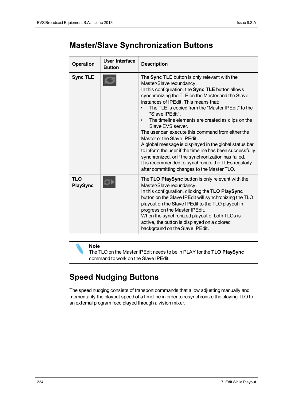 Master/slave synchronization buttons, Speed nudging buttons | EVS IPDirector Version 6.2 - June 2013 IPEDIT User Manual User Manual | Page 246 / 264