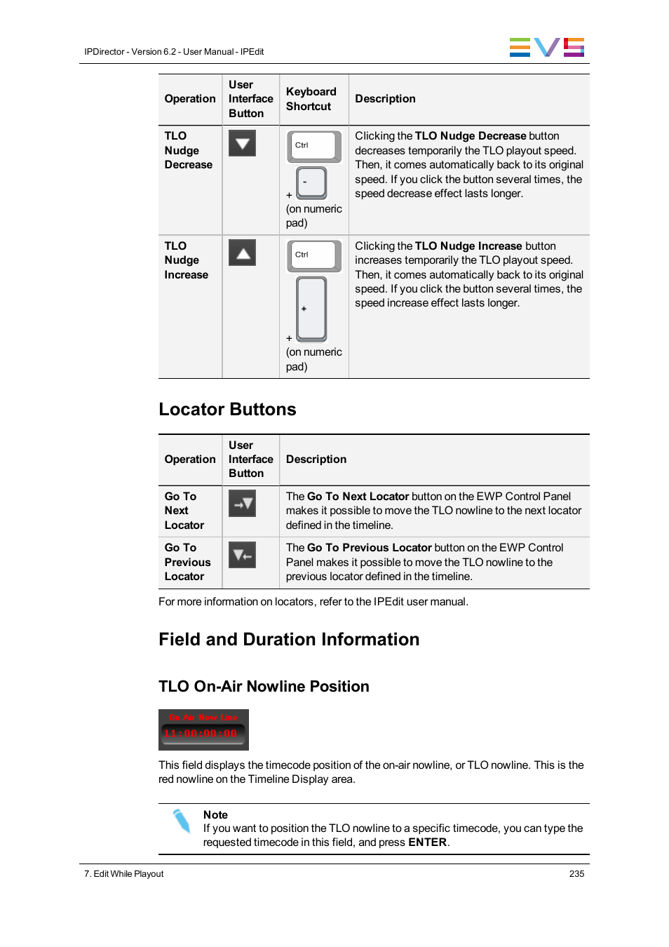 Locator buttons, Field and duration information, Tlo on-air nowline position | EVS IPDirector Version 6.2 - June 2013 IPEDIT User Manual User Manual | Page 247 / 264