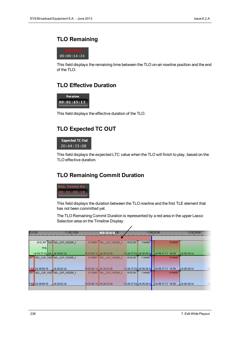 Tlo remaining, Tlo effective duration, Tlo expected tc out | Tlo remaining commit duration | EVS IPDirector Version 6.2 - June 2013 IPEDIT User Manual User Manual | Page 248 / 264