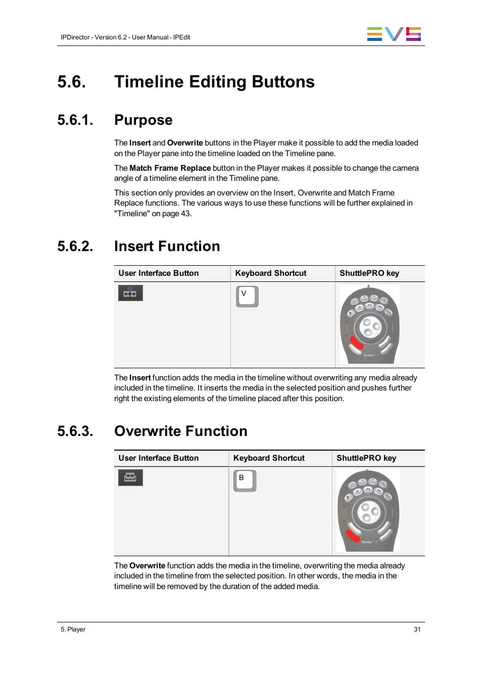 Timeline editing buttons, Purpose, Insert function | Overwrite function | EVS IPDirector Version 6.2 - June 2013 IPEDIT User Manual User Manual | Page 43 / 264