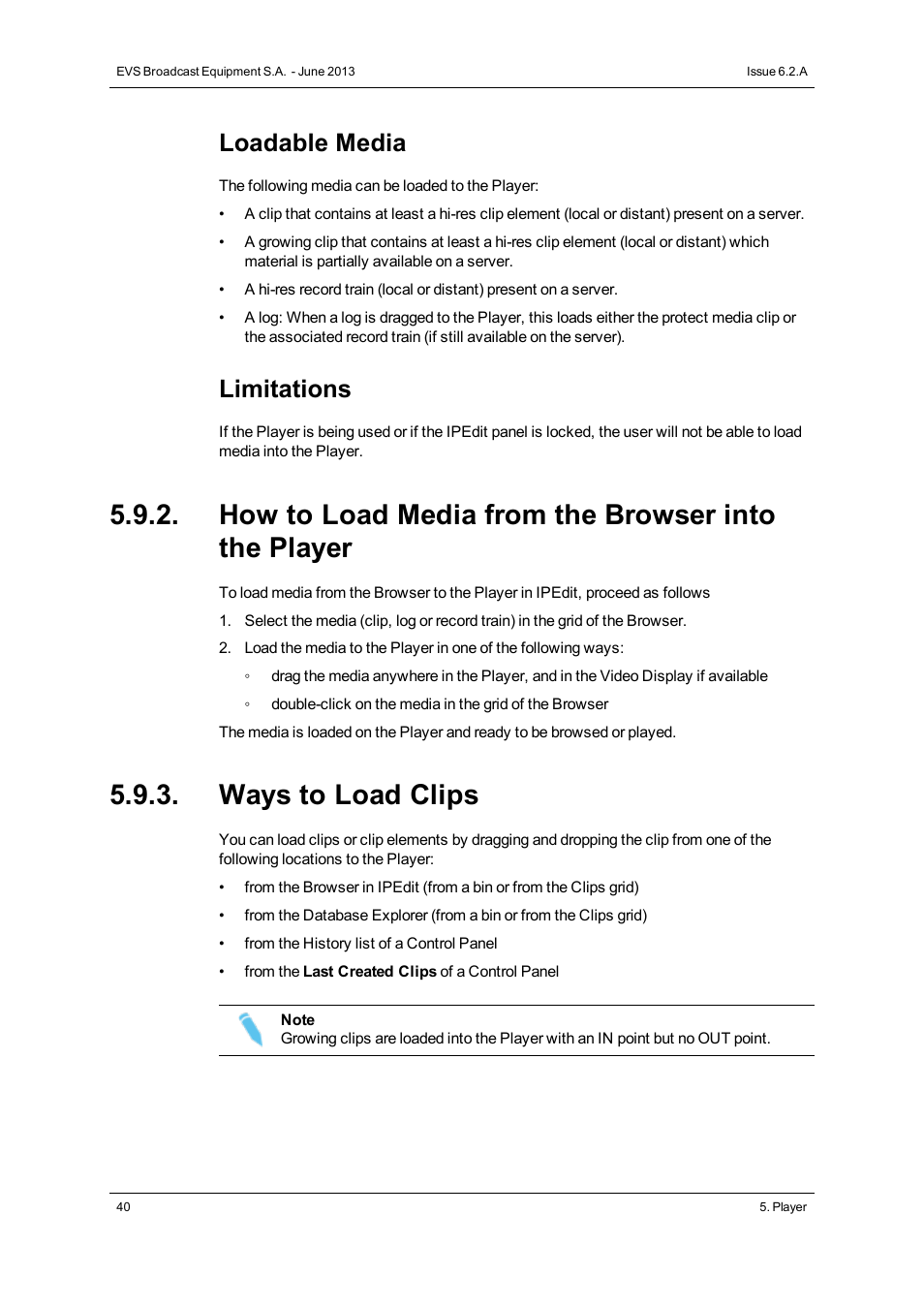 How to load media from the browser into the player, Ways to load clips, Loadable media | Limitations | EVS IPDirector Version 6.2 - June 2013 IPEDIT User Manual User Manual | Page 52 / 264