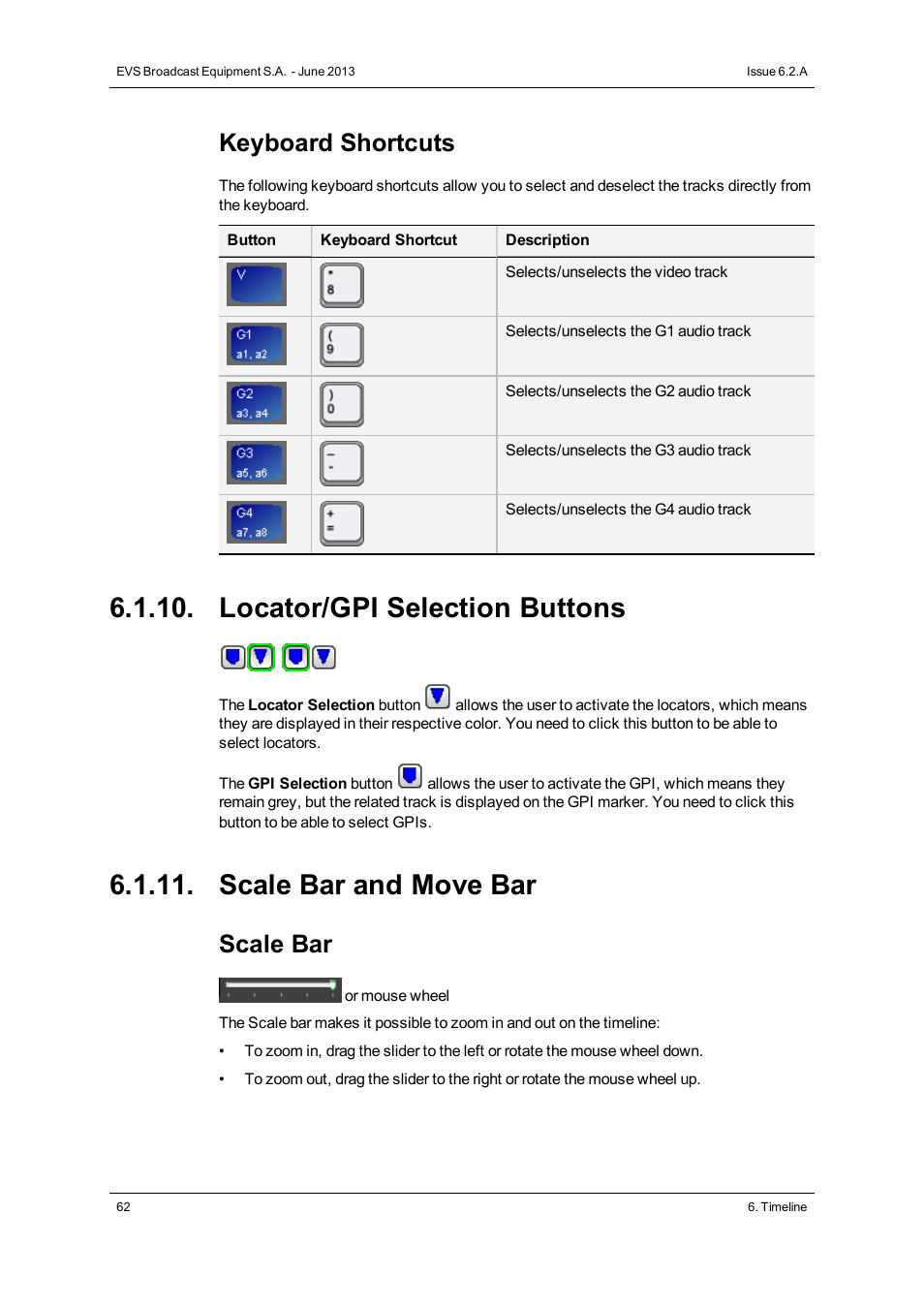 Locator/gpi selection buttons, Scale bar and move bar, Keyboard shortcuts | Scale bar | EVS IPDirector Version 6.2 - June 2013 IPEDIT User Manual User Manual | Page 74 / 264