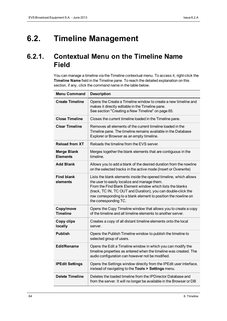 Timeline management, Contextual menu on the timeline name field | EVS IPDirector Version 6.2 - June 2013 IPEDIT User Manual User Manual | Page 76 / 264