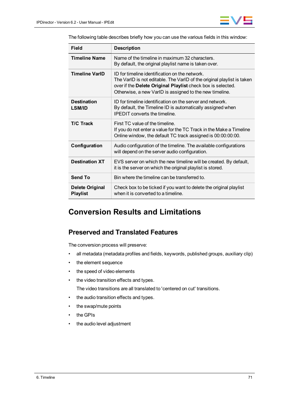 Conversion results and limitations, Preserved and translated features | EVS IPDirector Version 6.2 - June 2013 IPEDIT User Manual User Manual | Page 83 / 264