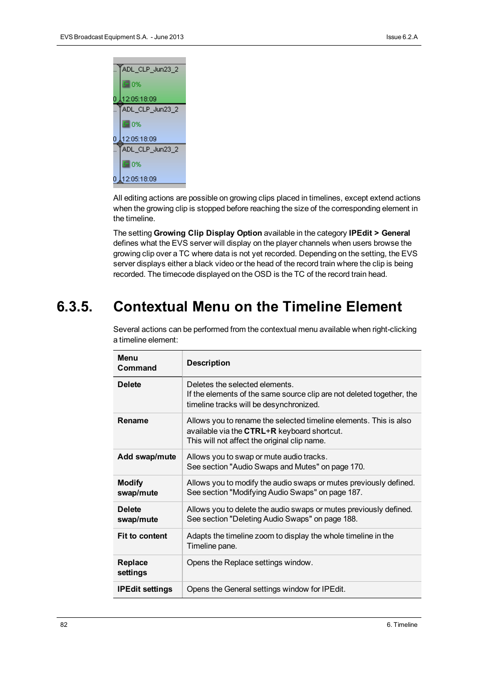 Contextual menu on the timeline element | EVS IPDirector Version 6.2 - June 2013 IPEDIT User Manual User Manual | Page 94 / 264