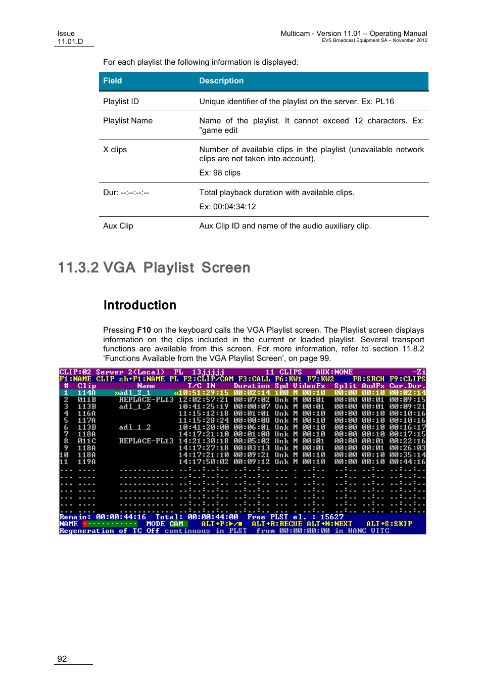 2 vga playlist screen, Introduction, Vga playlist screen | EVS XT3 MulticamLSM Version 11.01 - November 2012 Operation Manual User Manual | Page 102 / 209