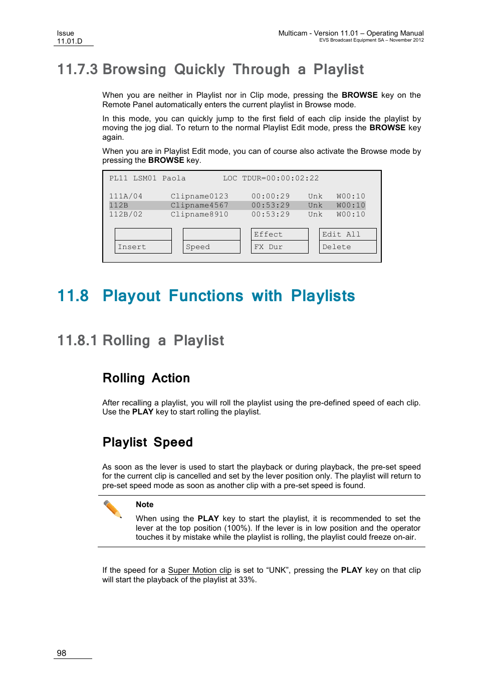 3 browsing quickly through a playlist, 8 playout functions with playlists, 1 rolling a playlist | Rolling action, Playlist speed, Browsing quickly through a playlist, Rolling a playlist, On 11.7.3 ‘browsing quickly through a playlist, Age 98 | EVS XT3 MulticamLSM Version 11.01 - November 2012 Operation Manual User Manual | Page 108 / 209