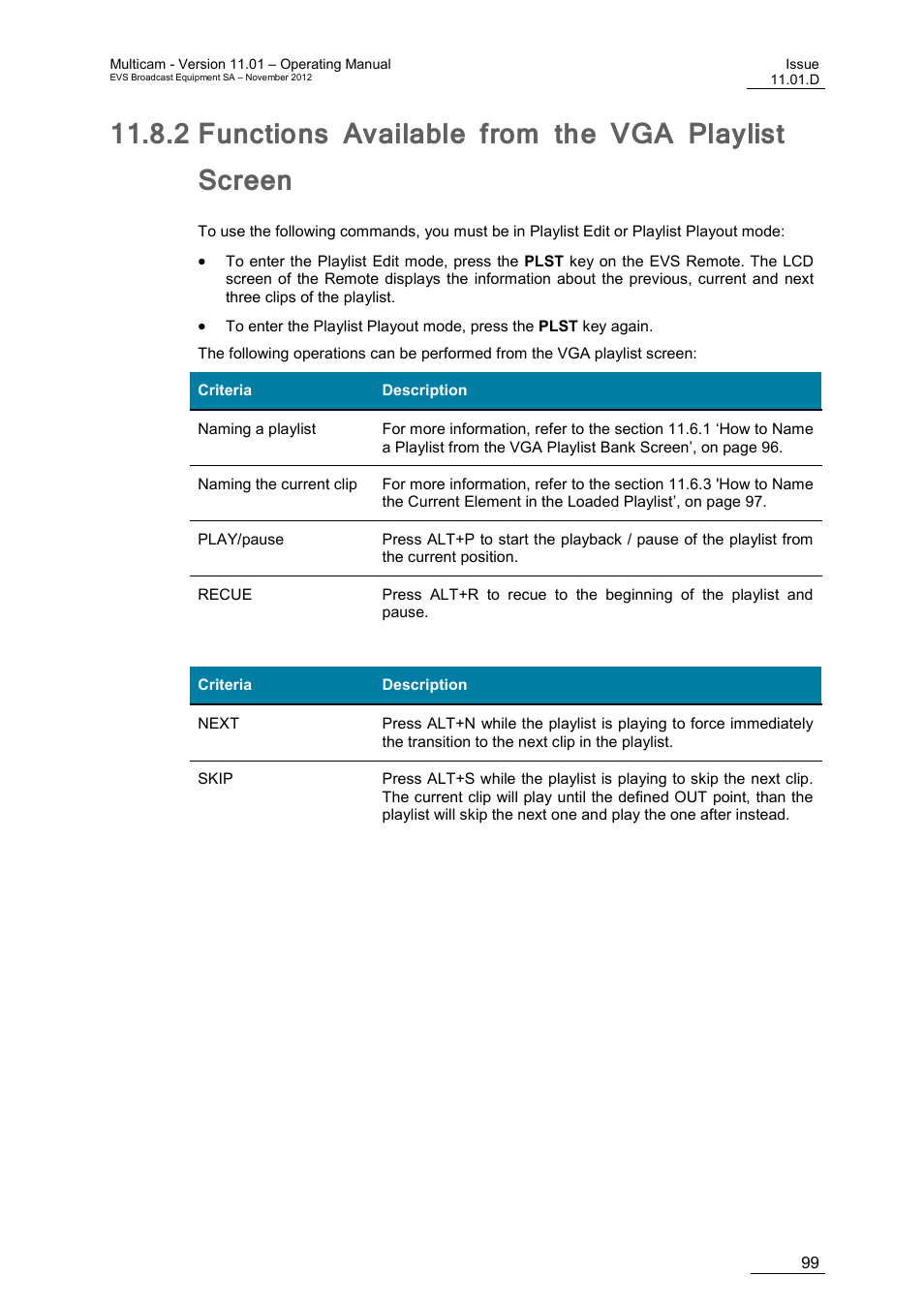 2 functions available from the vga playlist screen, Functions available from the vga playlist screen | EVS XT3 MulticamLSM Version 11.01 - November 2012 Operation Manual User Manual | Page 109 / 209