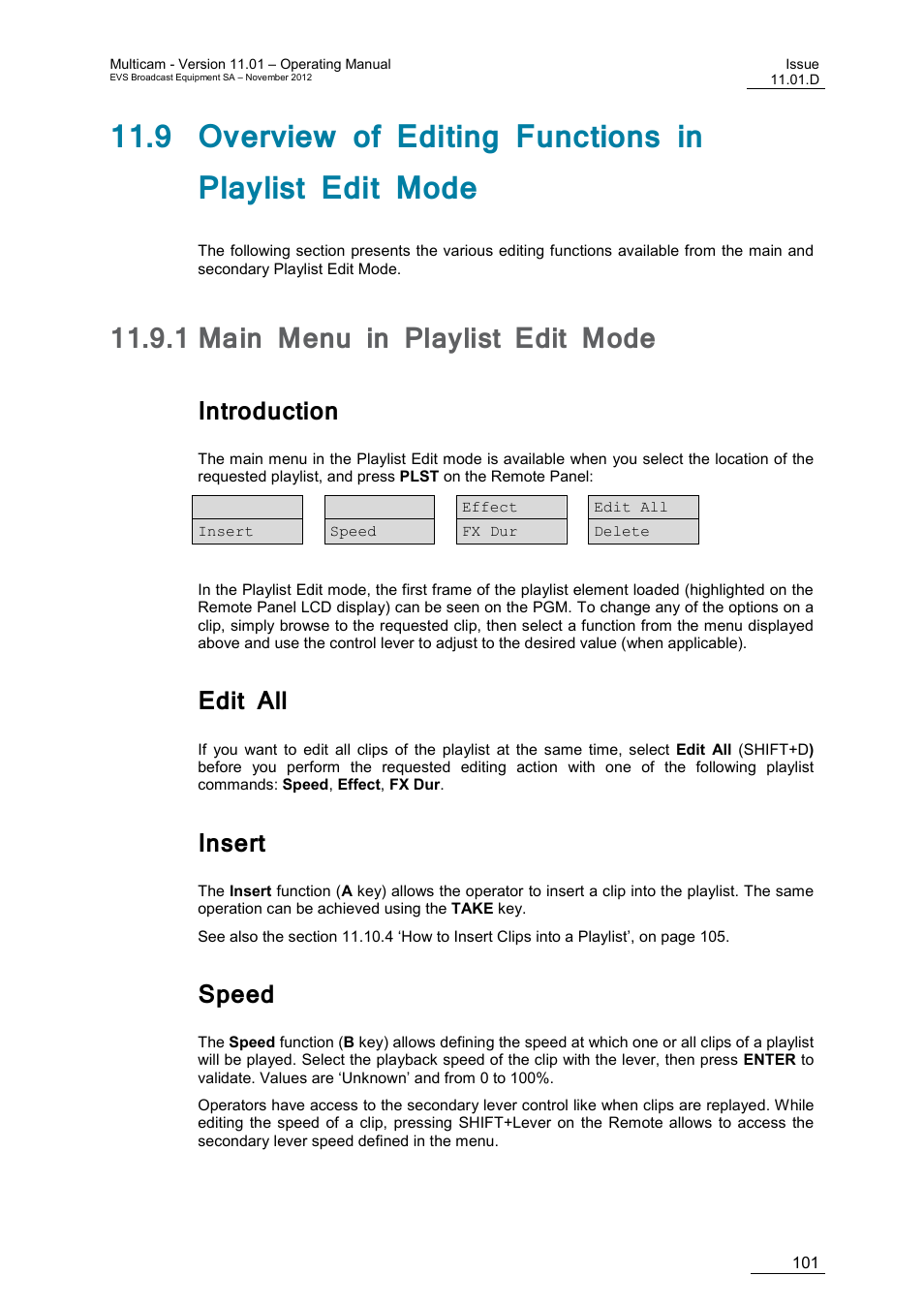 1 main menu in playlist edit mode, Introduction, Edit all | Insert, Speed, Main menu in playlist edit mode | EVS XT3 MulticamLSM Version 11.01 - November 2012 Operation Manual User Manual | Page 111 / 209