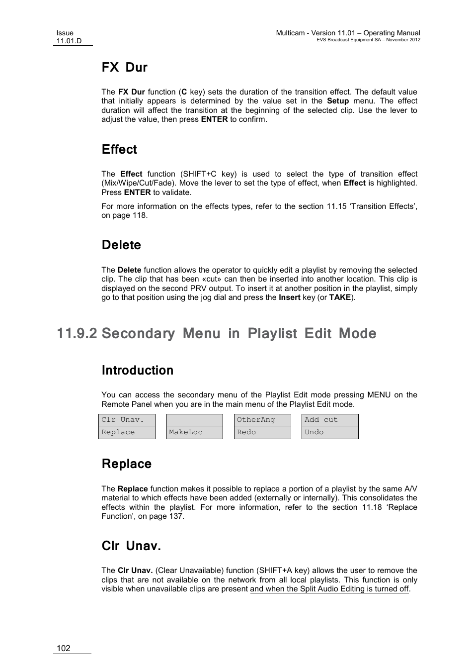 Fx dur, Effect, Delete | 2 secondary menu in playlist edit mode, Introduction, Replace, Clr unav, Secondary menu in playlist edit mode | EVS XT3 MulticamLSM Version 11.01 - November 2012 Operation Manual User Manual | Page 112 / 209