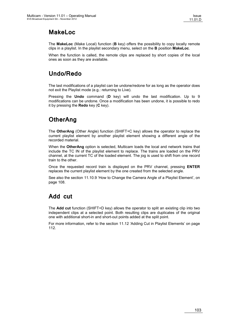 Makeloc, Undo/redo, Otherang | Add cut | EVS XT3 MulticamLSM Version 11.01 - November 2012 Operation Manual User Manual | Page 113 / 209