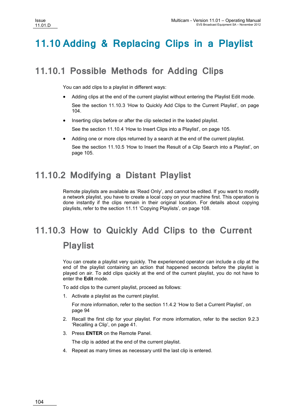 10 adding & replacing clips in a playlist, 1 possible methods for adding clips, 2 modifying a distant playlist | 3 how to quickly add clips to the current playlist, Possible methods for adding clips, Modifying a distant playlist, How to quickly add clips to the current playlist | EVS XT3 MulticamLSM Version 11.01 - November 2012 Operation Manual User Manual | Page 114 / 209