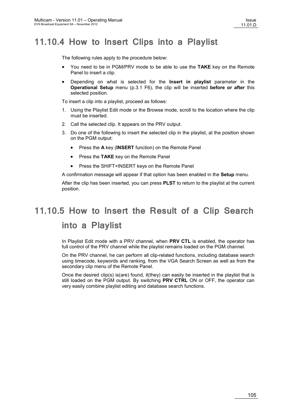4 how to insert clips into a playlist, How to insert clips into a playlist, N 11.10.4 ‘how to insert clips into a playlist | E 105 | EVS XT3 MulticamLSM Version 11.01 - November 2012 Operation Manual User Manual | Page 115 / 209