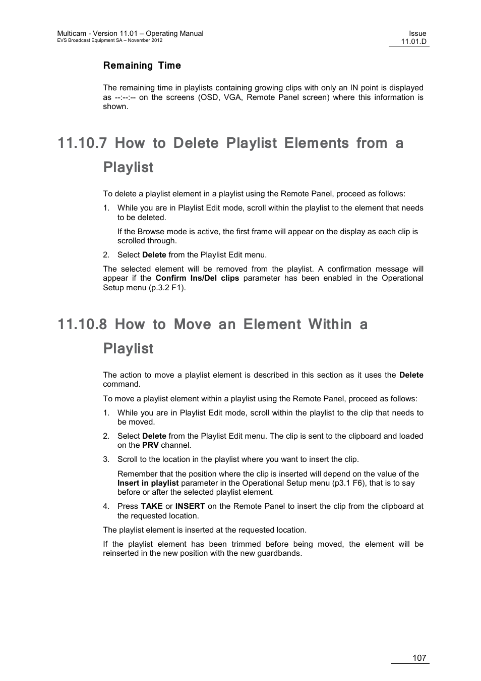 Remaining time, 7 how to delete playlist elements from a playlist, 8 how to move an element within a playlist | How to delete playlist elements from a playlist, How to move an element within a playlist | EVS XT3 MulticamLSM Version 11.01 - November 2012 Operation Manual User Manual | Page 117 / 209