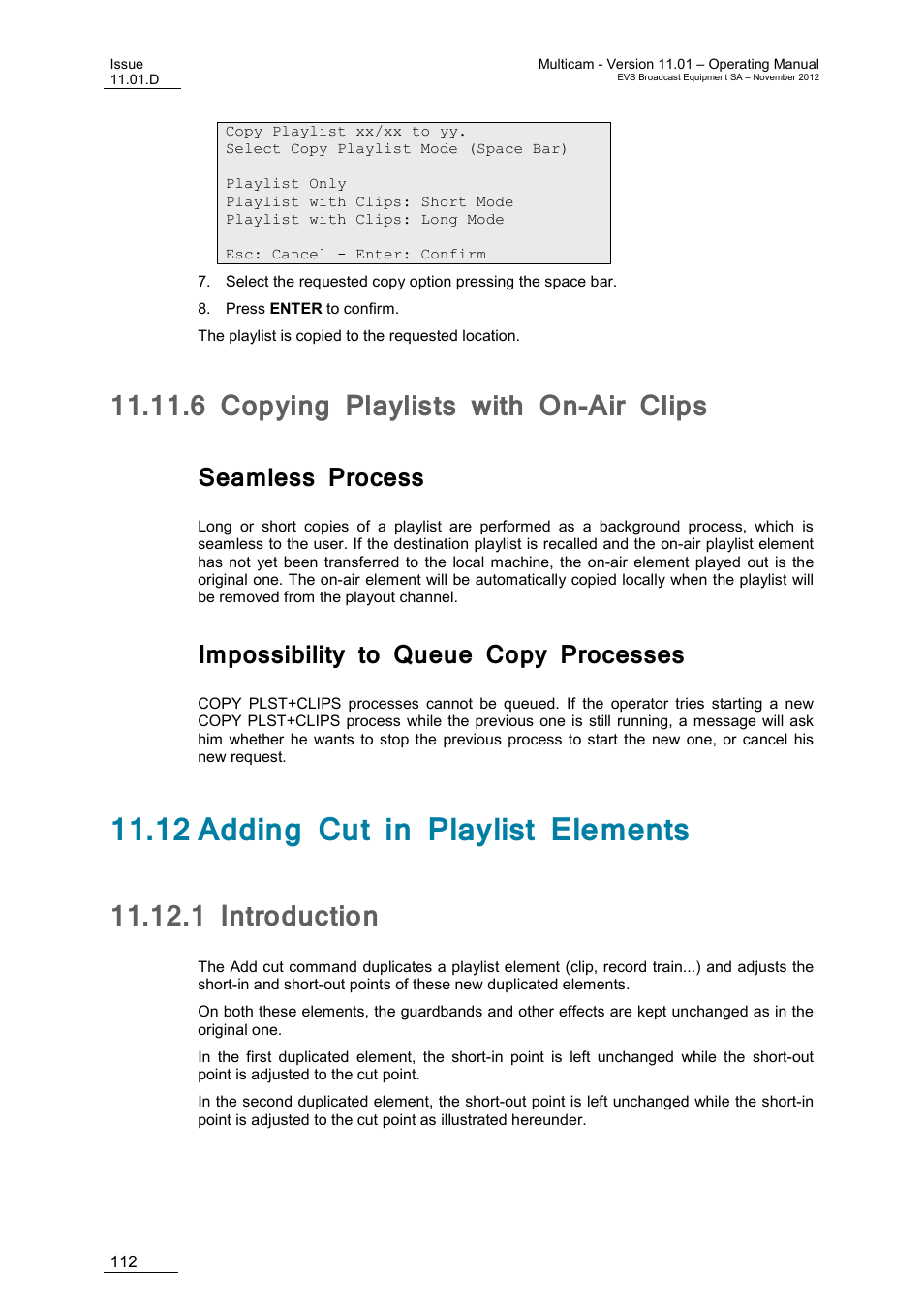 6 copying playlists with on-air clips, Seamless process, Impossibility to queue copy processes | 12 adding cut in playlist elements, 1 introduction, Copying playlists with on-air clips, Introduction, 12 ‘adding cut in playlist elements | EVS XT3 MulticamLSM Version 11.01 - November 2012 Operation Manual User Manual | Page 122 / 209