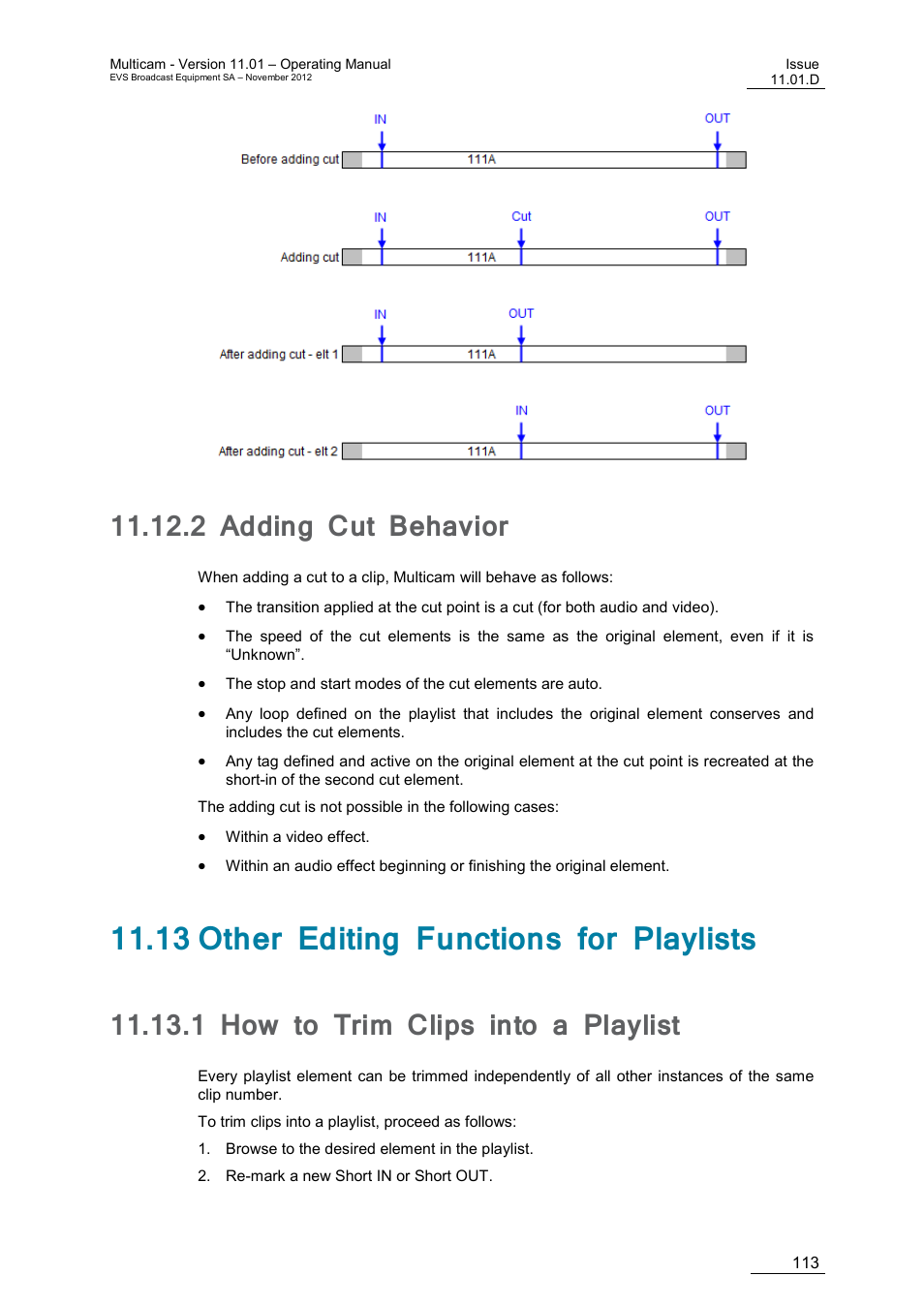 2 adding cut behavior, 13 other editing functions for playlists, 1 how to trim clips into a playlist | Adding cut behavior, How to trim clips into a playlist | EVS XT3 MulticamLSM Version 11.01 - November 2012 Operation Manual User Manual | Page 123 / 209