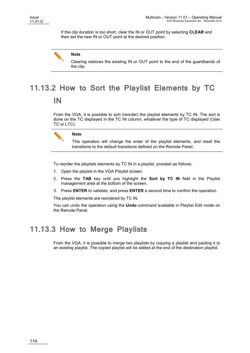 2 how to sort the playlist elements by tc in, 3 how to merge playlists, How to sort the playlist elements by tc in | How to merge playlists | EVS XT3 MulticamLSM Version 11.01 - November 2012 Operation Manual User Manual | Page 124 / 209