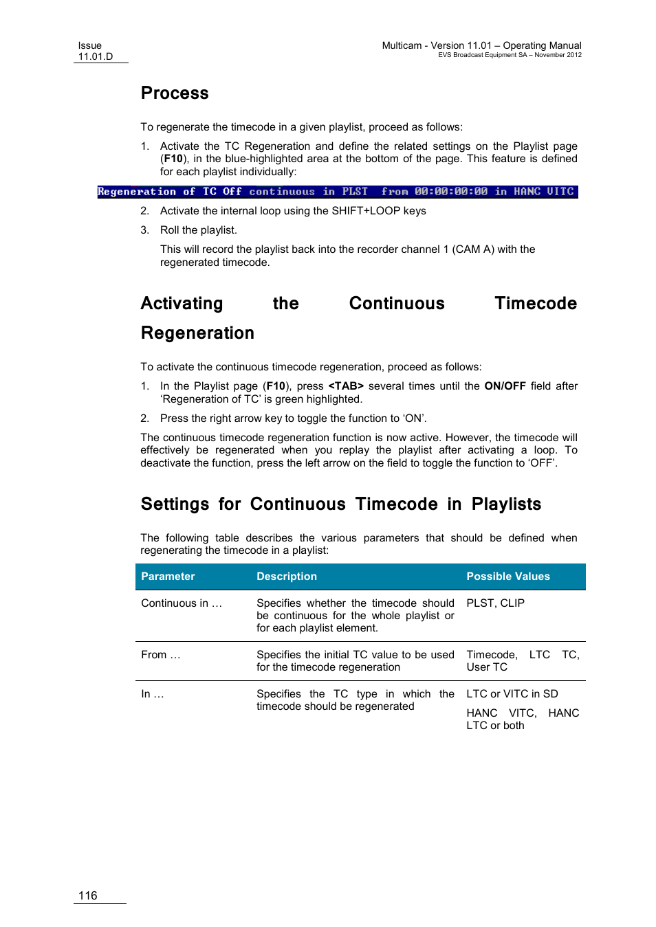 Process, Activating the continuous timecode regeneration, Settings for continuous timecode in playlists | EVS XT3 MulticamLSM Version 11.01 - November 2012 Operation Manual User Manual | Page 126 / 209