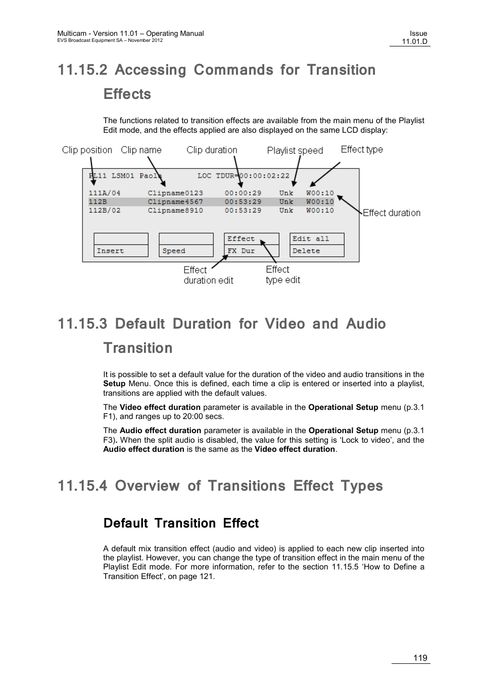 2 accessing commands for transition effects, 3 default duration for video and audio transition, 4 overview of transitions effect types | Default transition effect, Accessing commands for transition effects, Default duration for video and audio transition, Overview of transitions effect types | EVS XT3 MulticamLSM Version 11.01 - November 2012 Operation Manual User Manual | Page 129 / 209