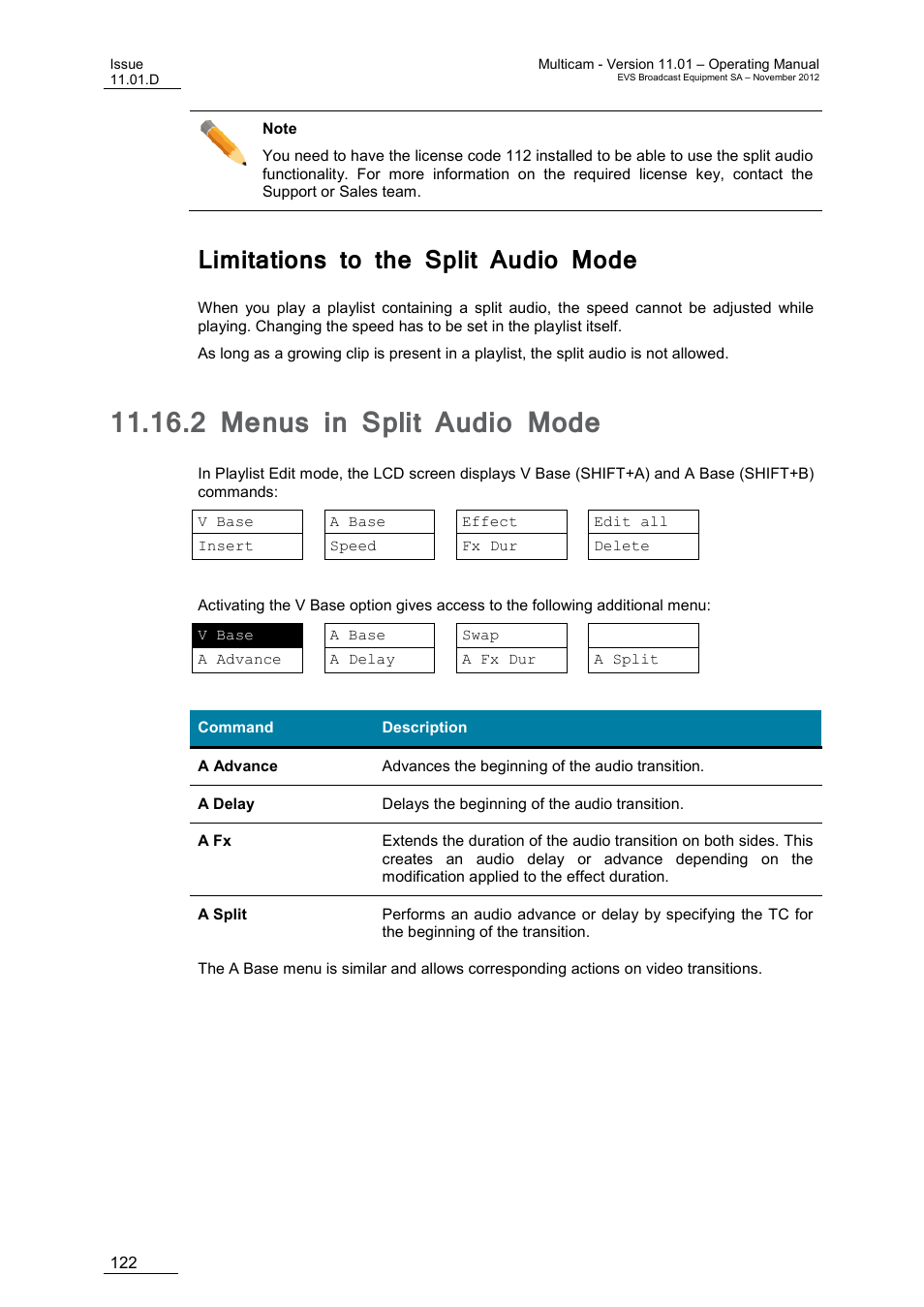 Limitations to the split audio mode, 2 menus in split audio mode, Menus in split audio mode | EVS XT3 MulticamLSM Version 11.01 - November 2012 Operation Manual User Manual | Page 132 / 209