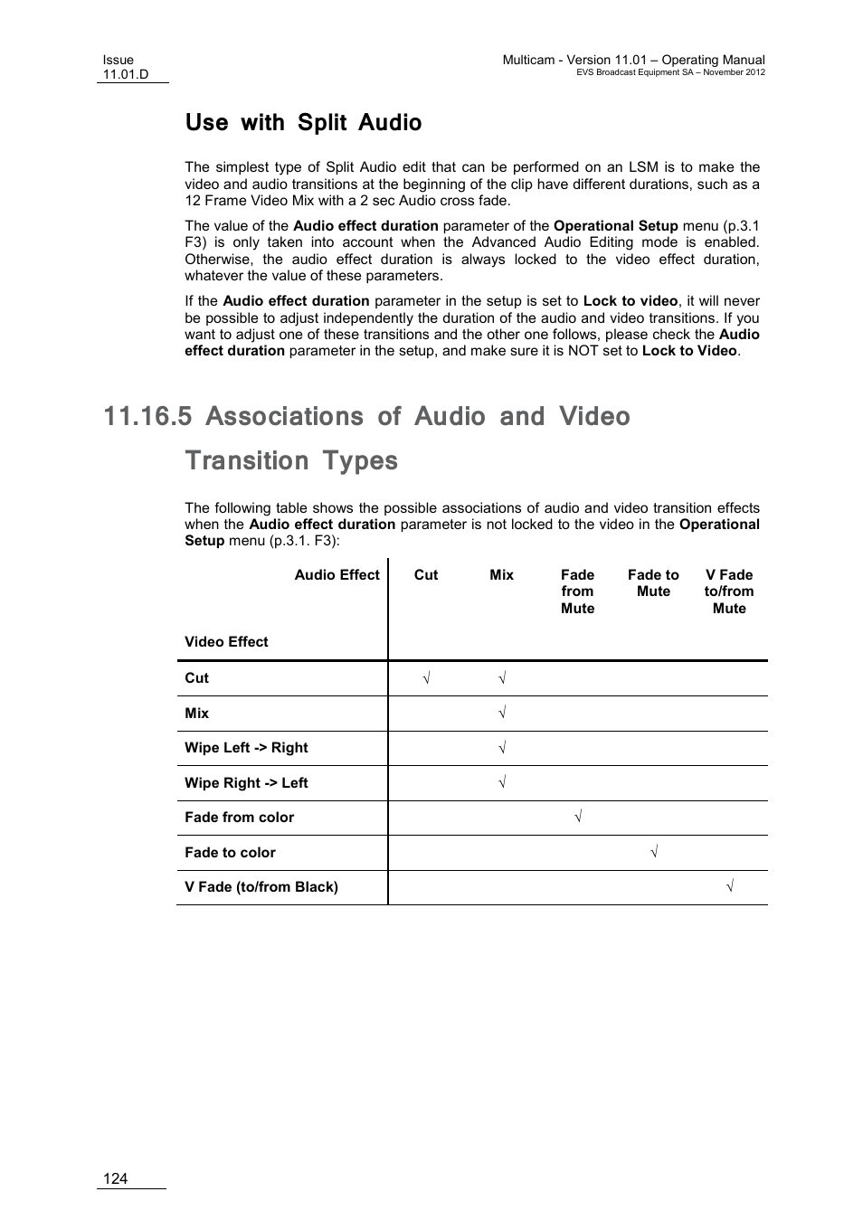 Use with split audio, 5 associations of audio and video transition types, Associations of audio and video transition types | EVS XT3 MulticamLSM Version 11.01 - November 2012 Operation Manual User Manual | Page 134 / 209