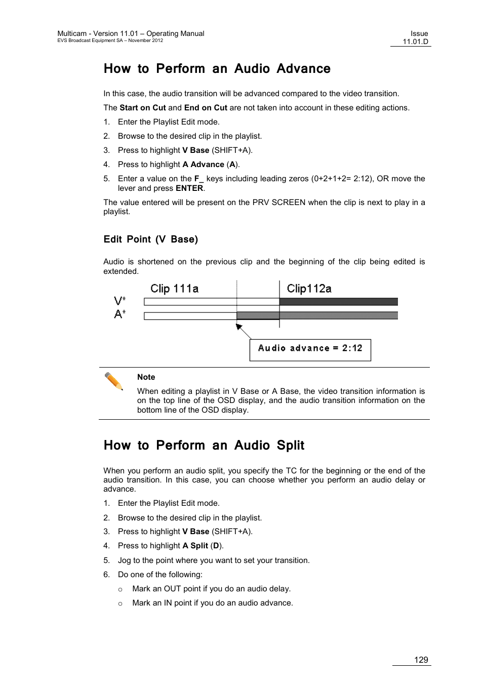 How to perform an audio advance, Edit point (v base), How to perform an audio split | EVS XT3 MulticamLSM Version 11.01 - November 2012 Operation Manual User Manual | Page 139 / 209