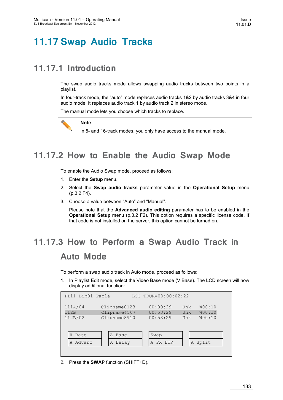 17 swap audio tracks, 1 introduction, 2 how to enable the audio swap mode | 3 how to perform a swap audio track in auto mode, Introduction, How to enable the audio swap mode, How to perform a swap audio track in auto mode | EVS XT3 MulticamLSM Version 11.01 - November 2012 Operation Manual User Manual | Page 143 / 209