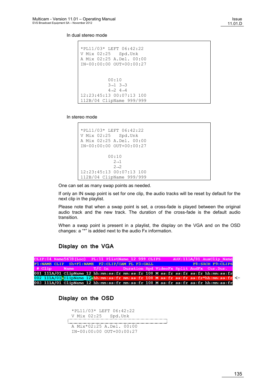 Display on the vga, Display on the osd | EVS XT3 MulticamLSM Version 11.01 - November 2012 Operation Manual User Manual | Page 145 / 209