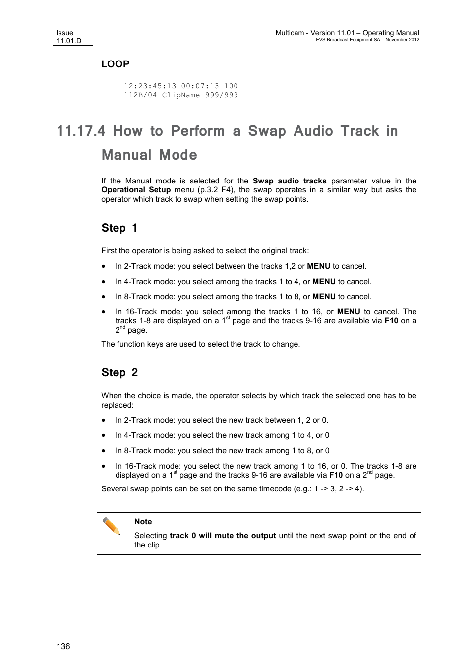 Loop, 4 how to perform a swap audio track in manual mode, Step 1 | Step 2, How to perform a swap audio track in manual mode | EVS XT3 MulticamLSM Version 11.01 - November 2012 Operation Manual User Manual | Page 146 / 209