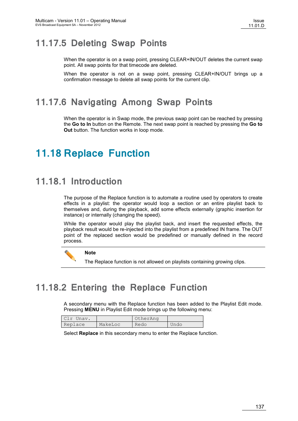 5 deleting swap points, 6 navigating among swap points, 18 replace function | 1 introduction, 2 entering the replace function, Deleting swap points, Navigating among swap points, Introduction, Entering the replace function, N 11.18 ‘replace | EVS XT3 MulticamLSM Version 11.01 - November 2012 Operation Manual User Manual | Page 147 / 209