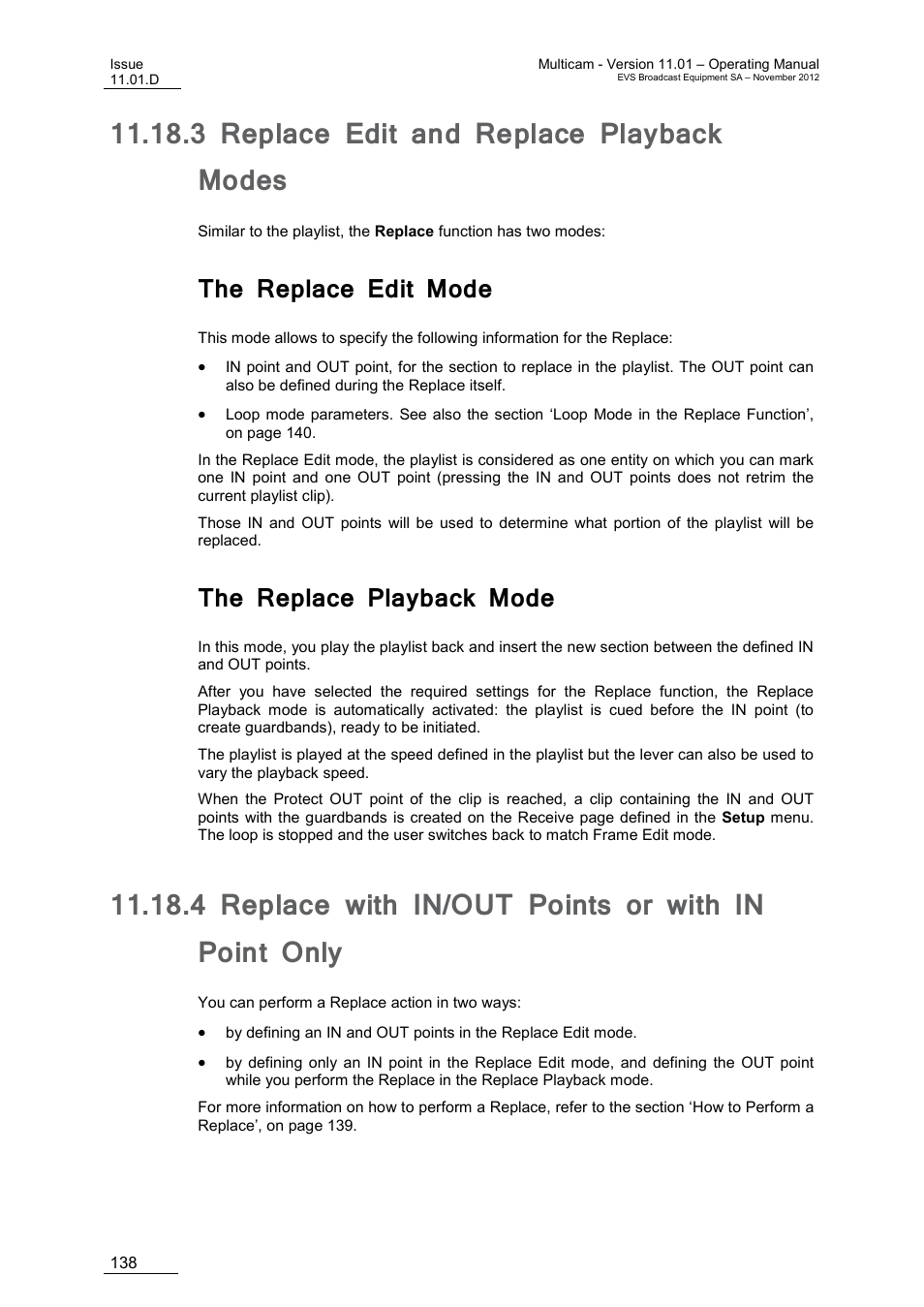 3 replace edit and replace playback modes, The replace edit mode, The replace playback mode | 4 replace with in/out points or with in point only, Replace edit and replace playback modes, Replace with in/out points or with in point only | EVS XT3 MulticamLSM Version 11.01 - November 2012 Operation Manual User Manual | Page 148 / 209