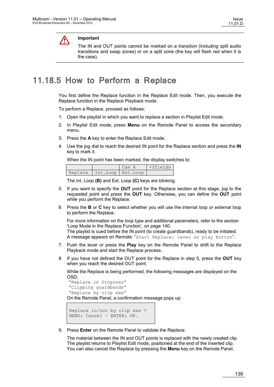 5 how to perform a replace, How to perform a replace, N ‘how to perform a | Replace, E 139 | EVS XT3 MulticamLSM Version 11.01 - November 2012 Operation Manual User Manual | Page 149 / 209