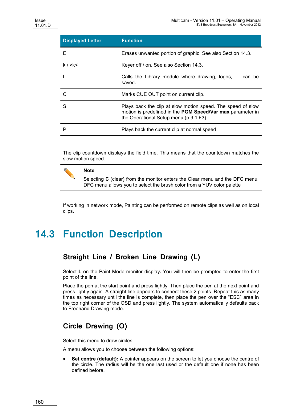 3 function description, Straight line / broken line drawing (l), Circle drawing (o) | N 14.3, On 14.3 | EVS XT3 MulticamLSM Version 11.01 - November 2012 Operation Manual User Manual | Page 170 / 209