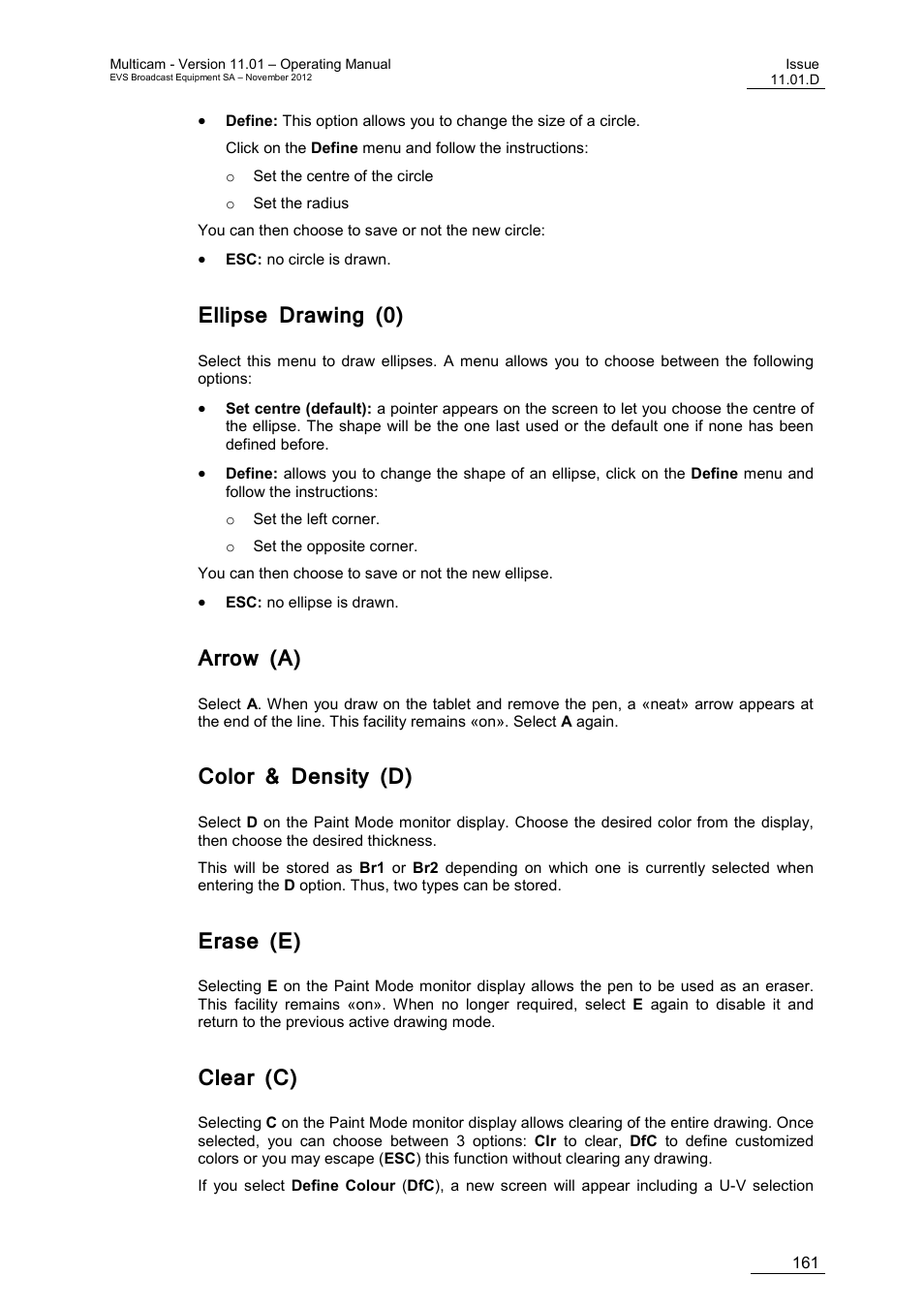 Ellipse drawing (0), Arrow (a), Color & density (d) | Erase (e), Clear (c) | EVS XT3 MulticamLSM Version 11.01 - November 2012 Operation Manual User Manual | Page 171 / 209