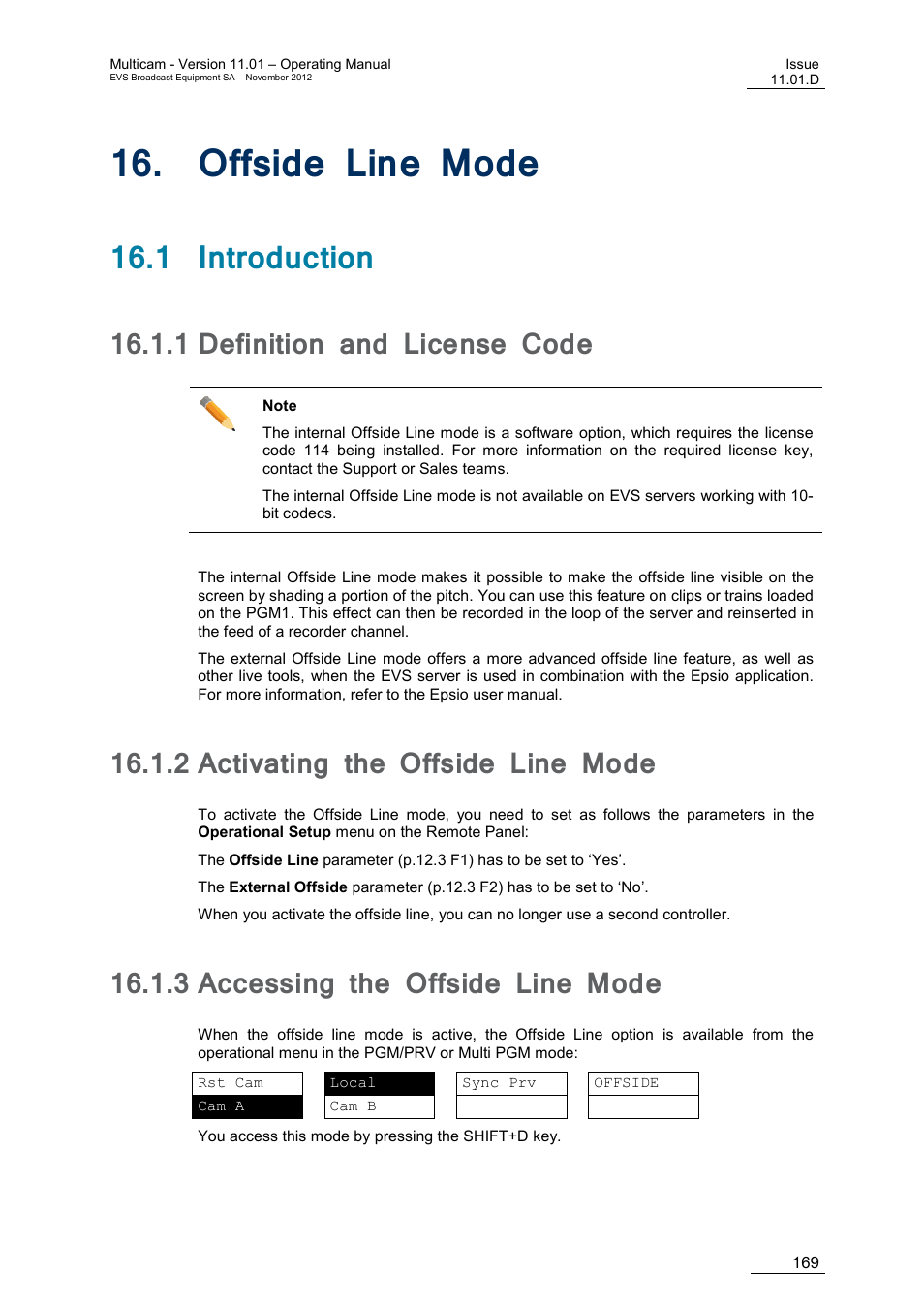Offside line mode, 1 introduction, 1 definition and license code | 2 activating the offside line mode, 3 accessing the offside line mode, Ffside, Definition and license code, Activating the offside line mode, Accessing the offside line mode | EVS XT3 MulticamLSM Version 11.01 - November 2012 Operation Manual User Manual | Page 179 / 209