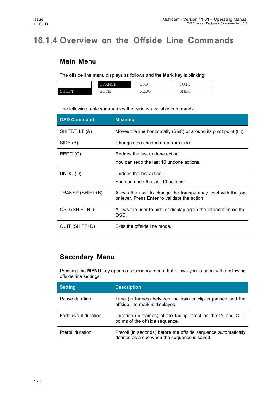 4 overview on the offside line commands, Main menu, Secondary menu | Overview on the offside line commands | EVS XT3 MulticamLSM Version 11.01 - November 2012 Operation Manual User Manual | Page 180 / 209