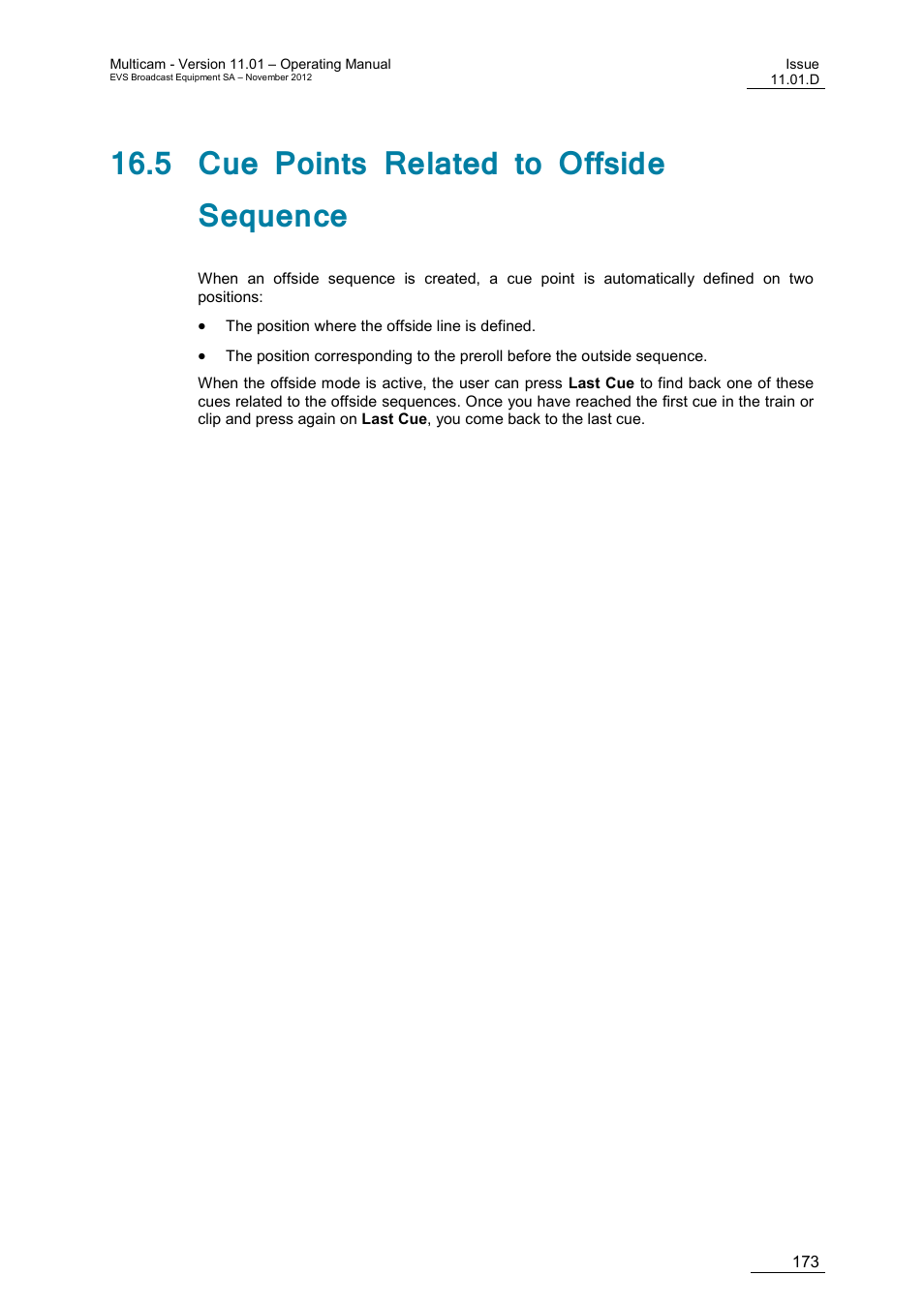 5 cue points related to offside sequence | EVS XT3 MulticamLSM Version 11.01 - November 2012 Operation Manual User Manual | Page 183 / 209