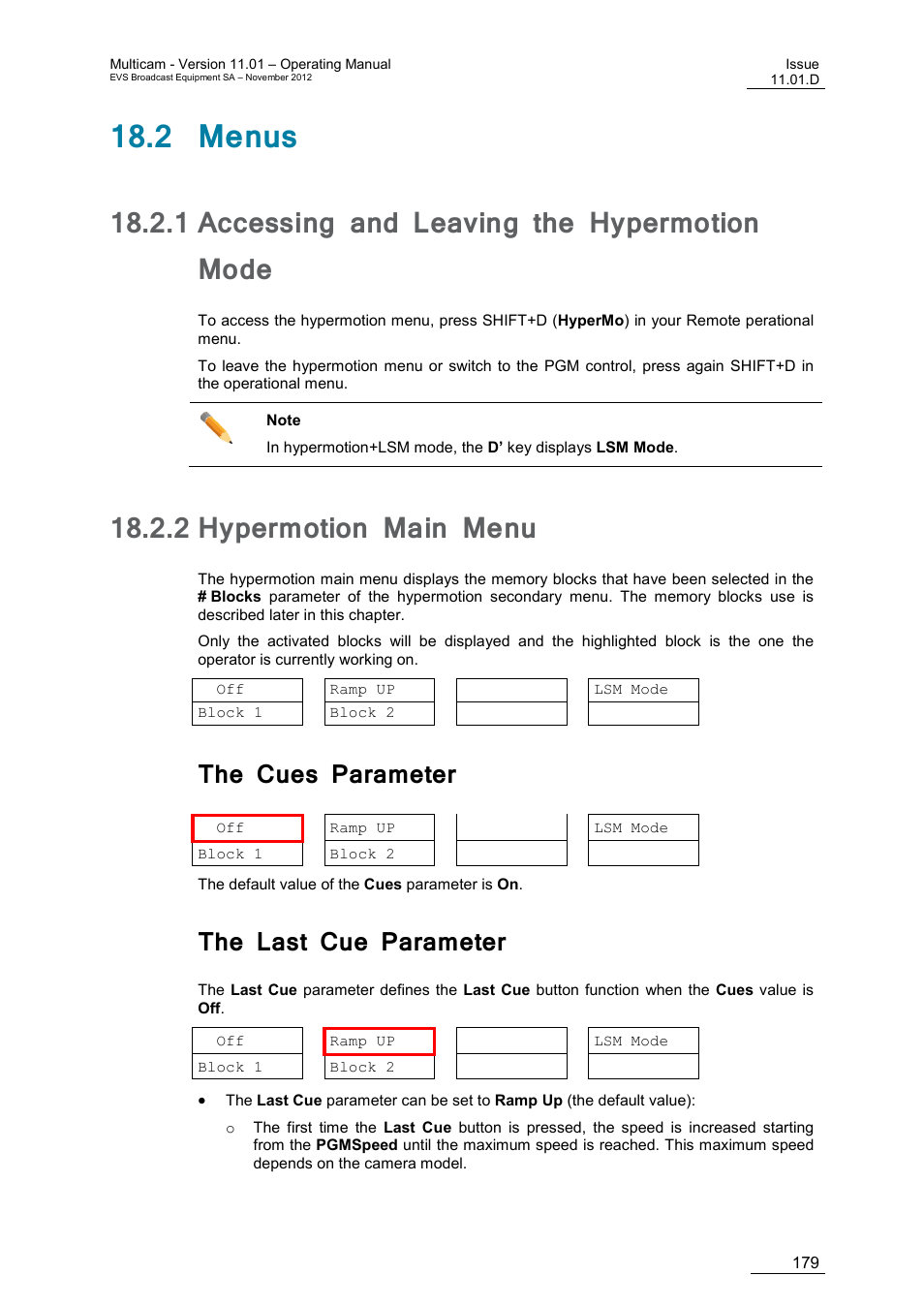 2 menus, 1 accessing and leaving the hypermotion mode, 2 hypermotion main menu | The cues parameter, The last cue parameter, Accessing and leaving the hypermotion mode, Hypermotion main menu | EVS XT3 MulticamLSM Version 11.01 - November 2012 Operation Manual User Manual | Page 189 / 209