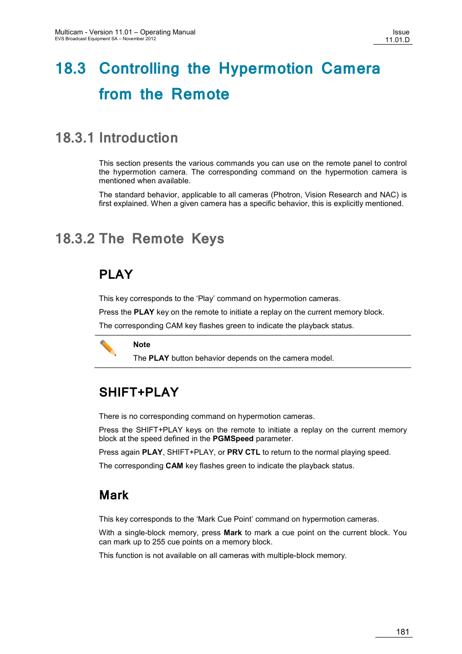1 introduction, 2 the remote keys, Play | Shift+play, Mark, Introduction, The remote keys | EVS XT3 MulticamLSM Version 11.01 - November 2012 Operation Manual User Manual | Page 191 / 209