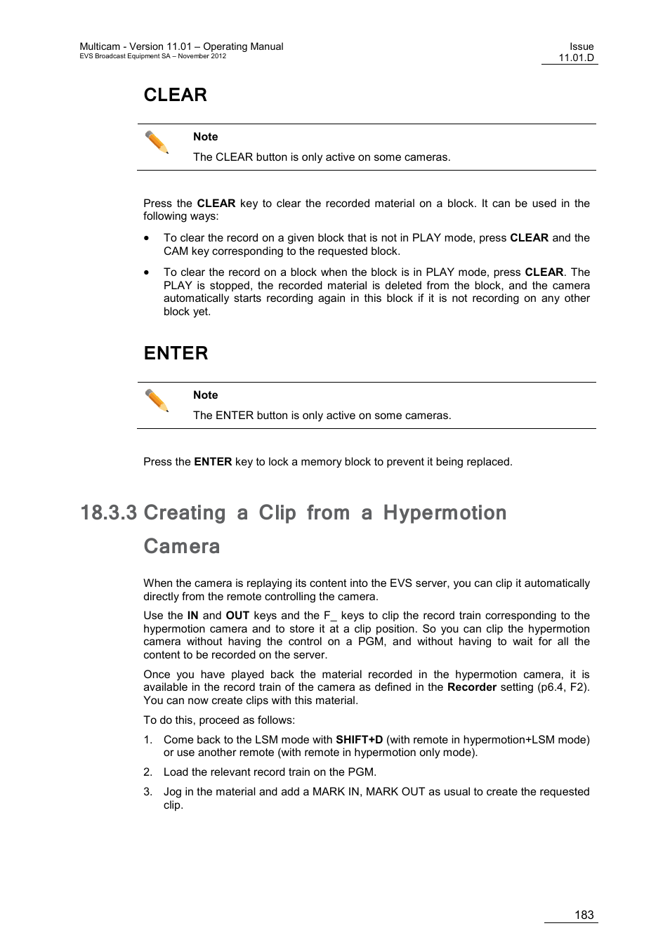 Clear, Enter, 3 creating a clip from a hypermotion camera | Creating a clip from a hypermotion camera | EVS XT3 MulticamLSM Version 11.01 - November 2012 Operation Manual User Manual | Page 193 / 209