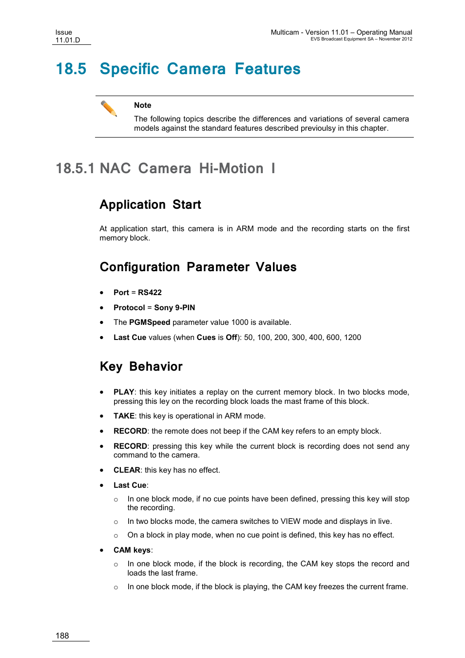 5 specific camera features, 1 nac camera hi-motion i, Application start | Configuration parameter values, Key behavior, Nac camera hi-motion i | EVS XT3 MulticamLSM Version 11.01 - November 2012 Operation Manual User Manual | Page 198 / 209