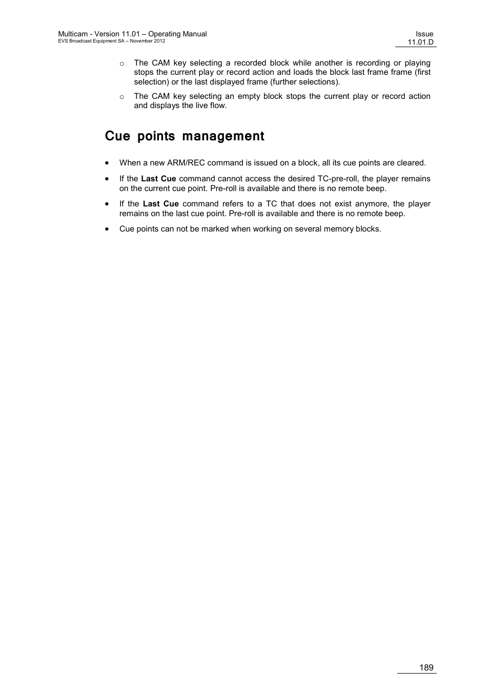 Cue points management | EVS XT3 MulticamLSM Version 11.01 - November 2012 Operation Manual User Manual | Page 199 / 209