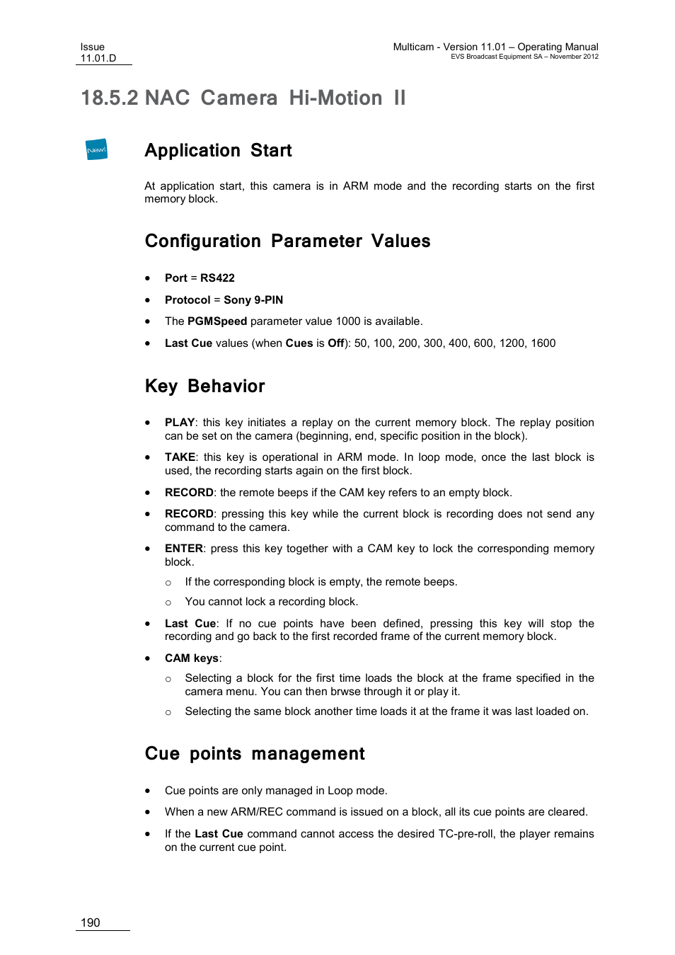 2 nac camera hi-motion ii, Application start, Configuration parameter values | Key behavior, Cue points management, Nac camera hi-motion ii | EVS XT3 MulticamLSM Version 11.01 - November 2012 Operation Manual User Manual | Page 200 / 209