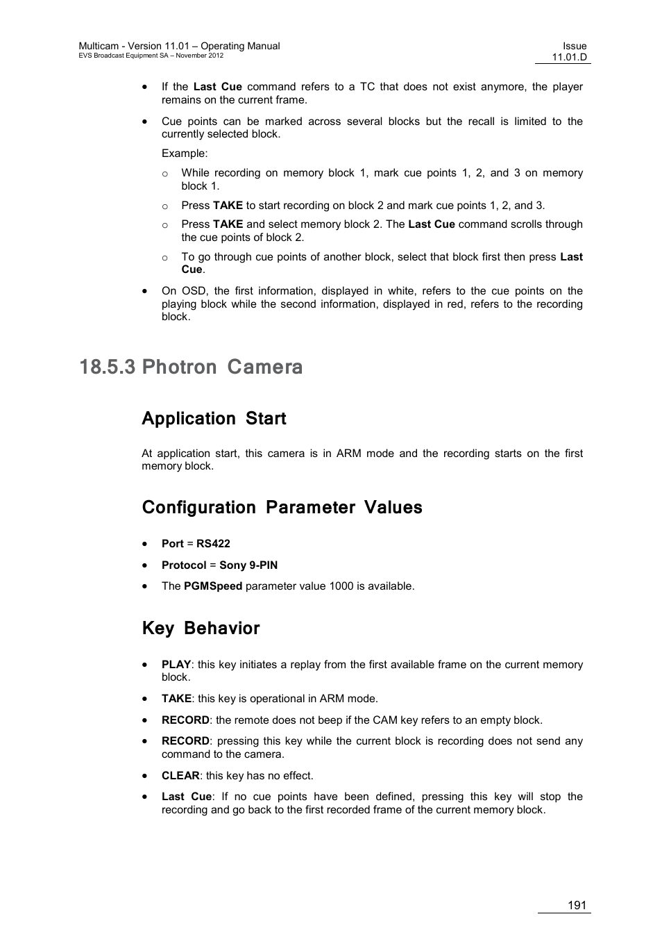 3 photron camera, Application start, Configuration parameter values | Key behavior, Photron camera | EVS XT3 MulticamLSM Version 11.01 - November 2012 Operation Manual User Manual | Page 201 / 209