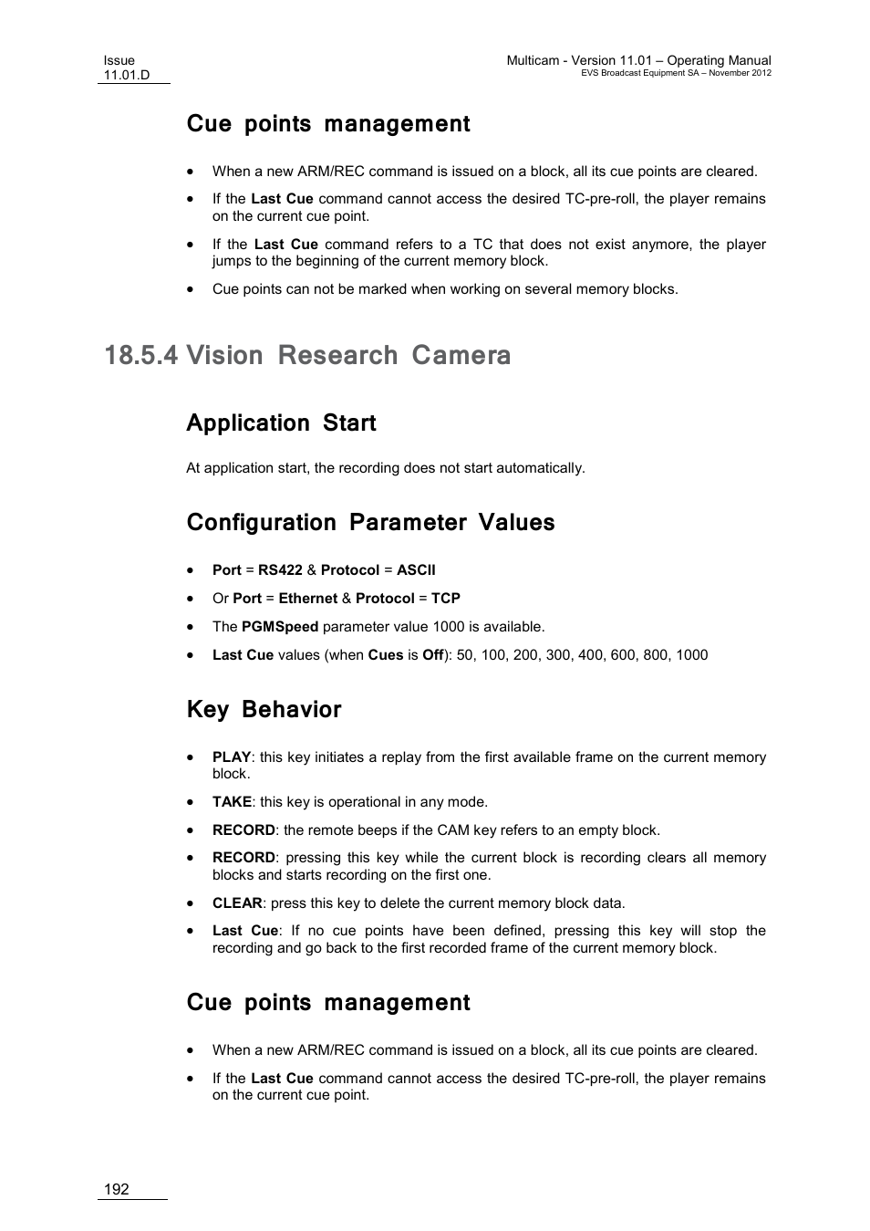 Cue points management, 4 vision research camera, Application start | Configuration parameter values, Key behavior, Vision research camera | EVS XT3 MulticamLSM Version 11.01 - November 2012 Operation Manual User Manual | Page 202 / 209