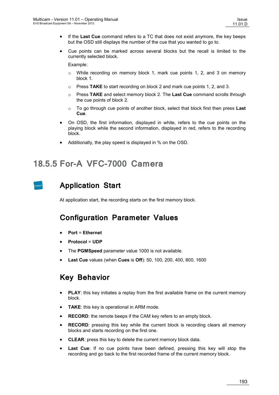 5 for-a vfc-7000 camera, Application start, Configuration parameter values | Key behavior, For-a vfc-7000 camera | EVS XT3 MulticamLSM Version 11.01 - November 2012 Operation Manual User Manual | Page 203 / 209